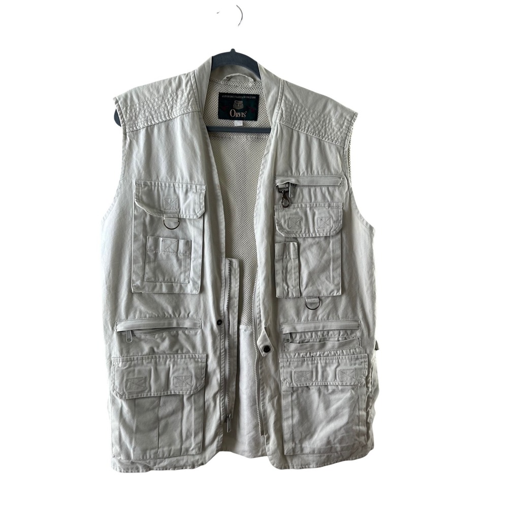 Orvis Mens Utility Fishing Vest Khaki Multi Pocket Mesh Lined Safari‎ VTG Medium